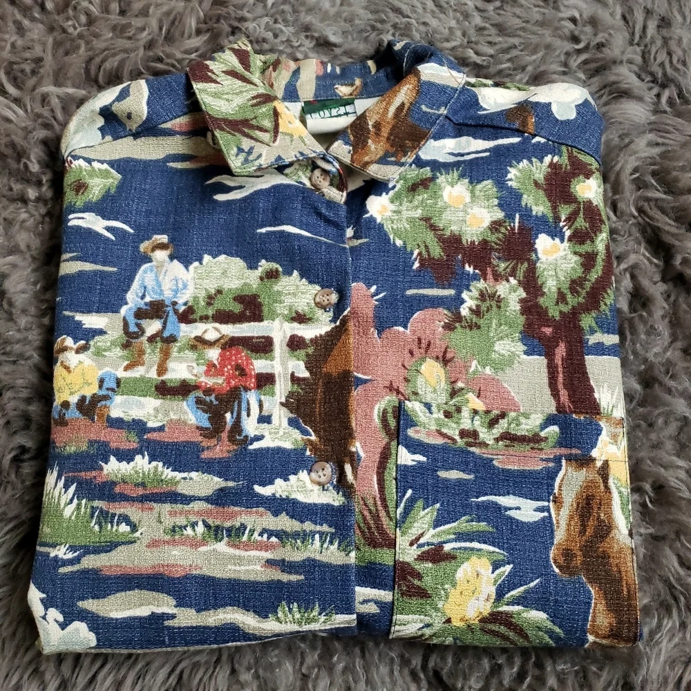 Vintage Mens Barkcloth Western Cowboy Horse Button Front Printed Shirt - Picture 2 of 11